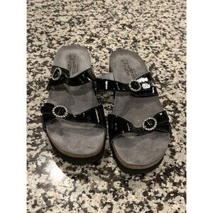 NAOT Rhinestone Buckle, Black Leather KATE Wedge Sandals Shoes 40 US 8.5